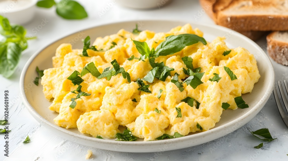 A plate of scrambled eggs, garnished with fresh herbs and served with toast A plate of scrambled eggs, garnished with fresh herbs and served with toast