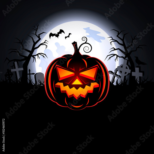 Halloween background with scary pumpkin in a cemetery images. Creepy pumpkin, shining moon and graveyard illustration. Night spooky landscape with graves. Template for background, banner, card