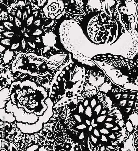 Big flowers pattern, upscale floral pattern. graphical textures floral, trendy colors pattern , flowers background with leaves. vector illustration,tropical,monochrome