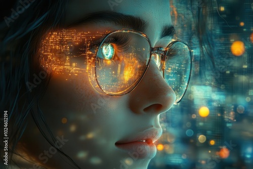 Wallpaper Mural visionary woman with luminescent eyes surrounded by a swirling vortex of digital data and interconnected networks a futuristic city glowing in the background Torontodigital.ca