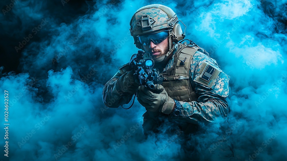 Military Soldier in Blue Smoke with Rifle Combat Action War Tactical Army Special Military Soldier in Blue Smoke with Rifle Combat Action War Tactical Army Special