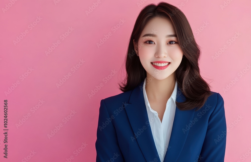 young Japanese woman in business attire stands with confidence against a pastel pink background, her posture and expression emphasizing a balance of professionalism. young Japanese woman in business attire stands with confidence against a pastel pink background, her posture and expression emphasizing a balance of professionalism.