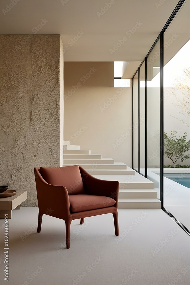 Fototapeta premium Terra cotta accent armchair in spacious room with steps and stucco wall. Minimalist, japandi interior design of modern living room.