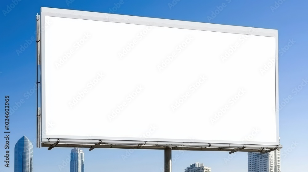 Empty billboard against a clear blue sky, perfect for advertising space, minimalistic design.