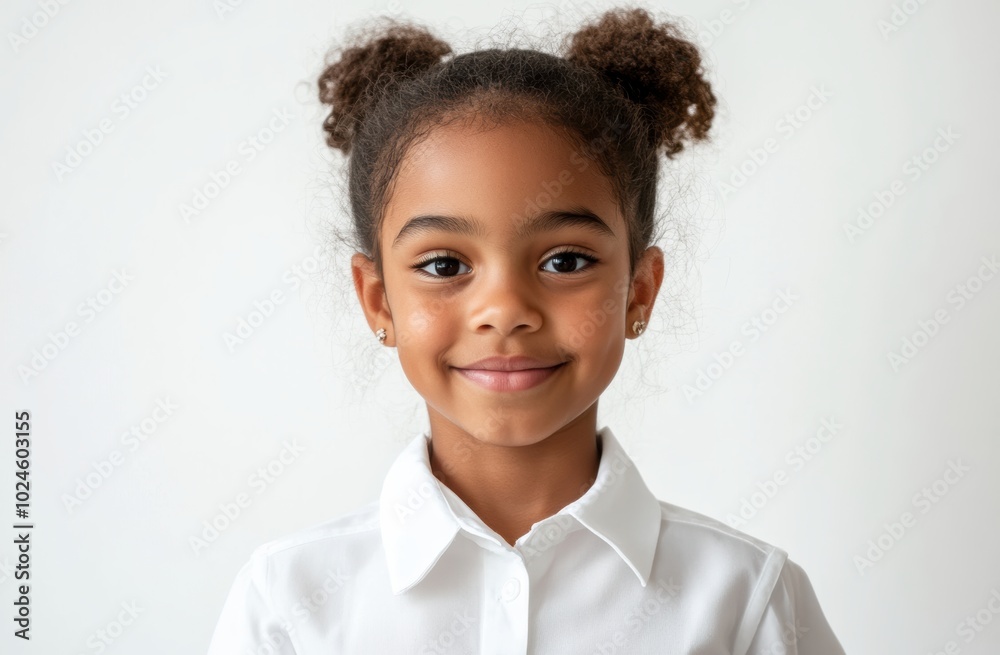 A young African girl bright smile stands out against a white background, highlighting her natural beauty and pure innocence in this charming portrait. A young African girl bright smile stands out against a white background, highlighting her natural beauty and pure innocence in this charming portrait.