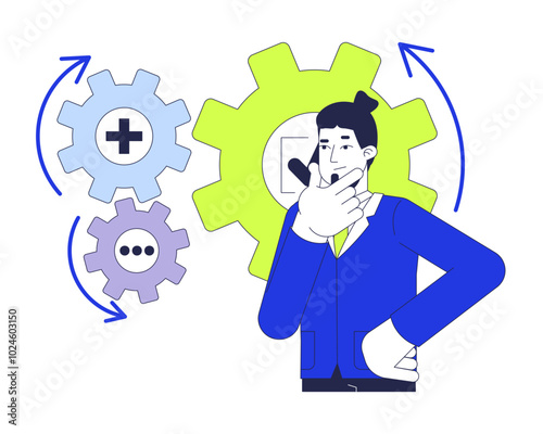 Brainstorming problem solving 2D illustration concept. Gears business analyst rubbing chin cartoon character isolated on white. Project manager critical thinking metaphor abstract flat vector graphic