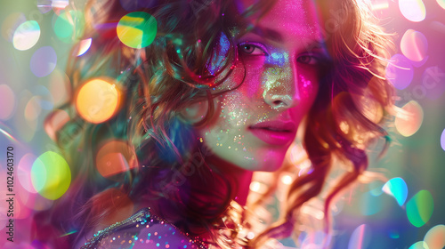 Close-up of a glitter-covered drag queen face with vibrant bokeh lights