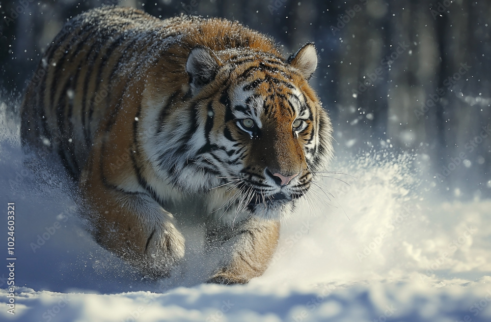 Tiger face running to hunt down prey in winter on snow. Snowfall climate blurred background Tiger face running to hunt down prey in winter on snow. Snowfall climate blurred background