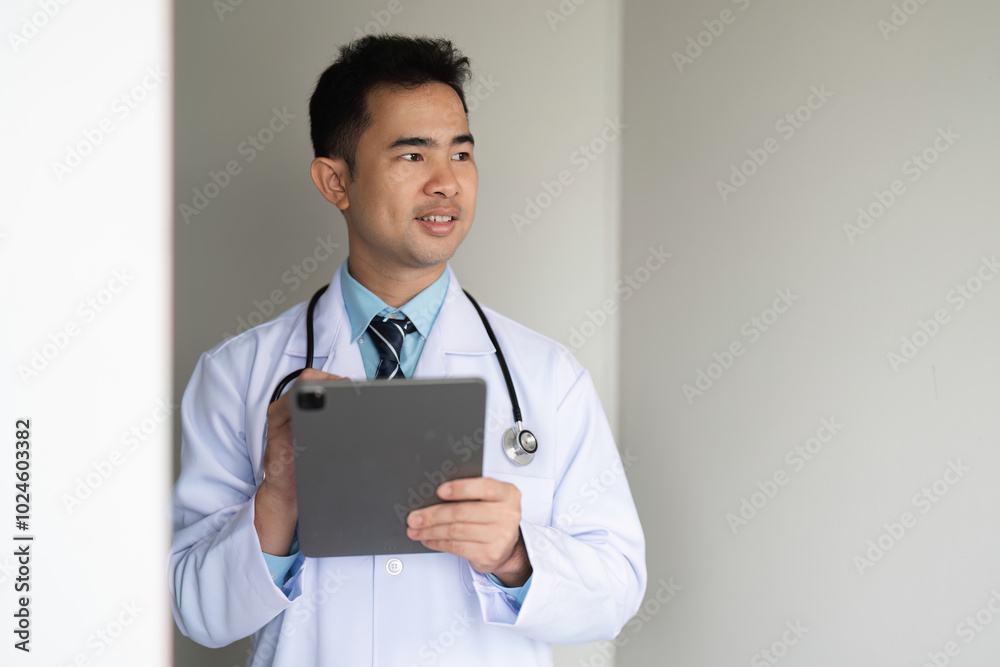 Confident Doctor Holding Tablet in Modern Medical Office with Stethoscope and Professional Attire Confident Doctor Holding Tablet in Modern Medical Office with Stethoscope and Professional Attire
