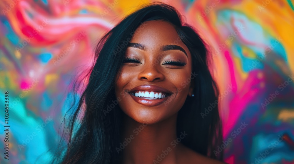 A Black woman face glows as colorful lights reflect off her skin with her lifestyle hair style, creating a dreamy atmosphere. Ideal for creative projects involving imagination and inspiration. A Black woman face glows as colorful lights reflect off her skin with her lifestyle hair style, creating a dreamy atmosphere. Ideal for creative projects involving imagination and inspiration.