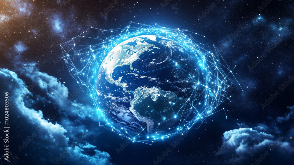 Obraz premium 雲でできた地球とデータの光の輪