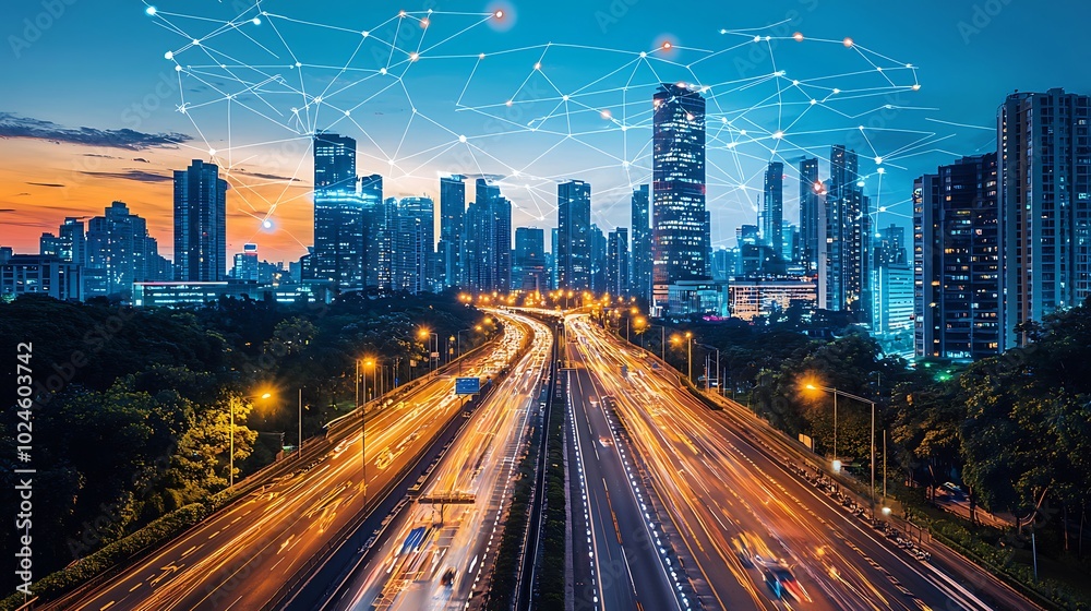 Fototapeta premium Smart City Connected Network Urban Development Technology and Transportation