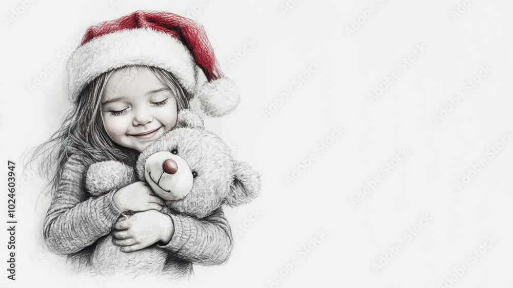 Pencil sketch outline of a little girl hugging teddy bear christmas gift Pencil sketch outline of a little girl hugging teddy bear christmas gift