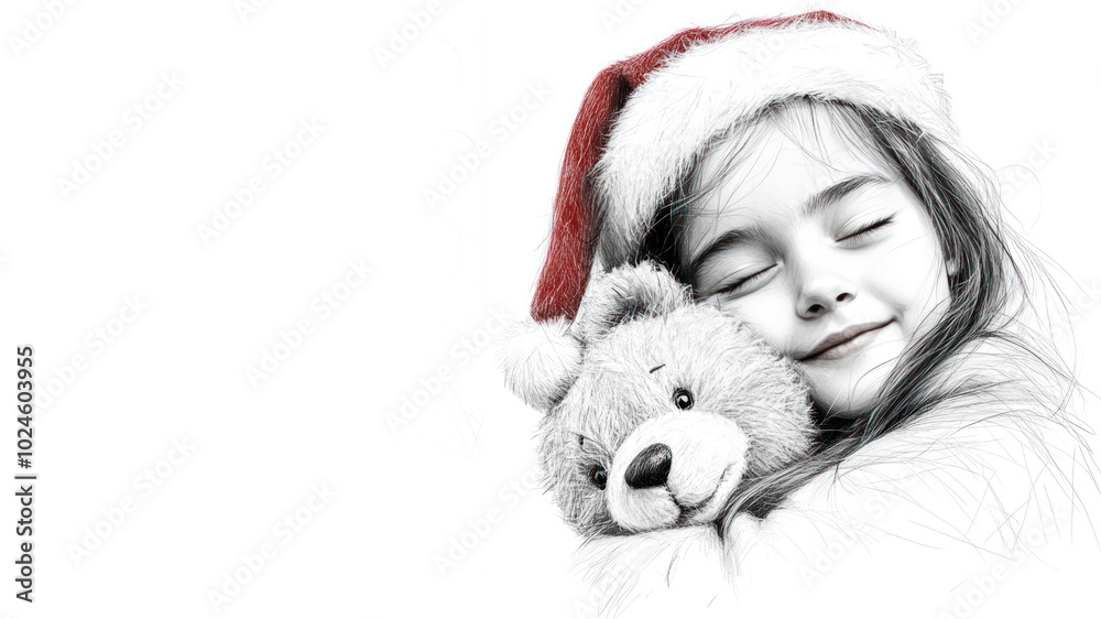 Pencil sketch outline of a little girl hugging teddy bear christmas gift Pencil sketch outline of a little girl hugging teddy bear christmas gift