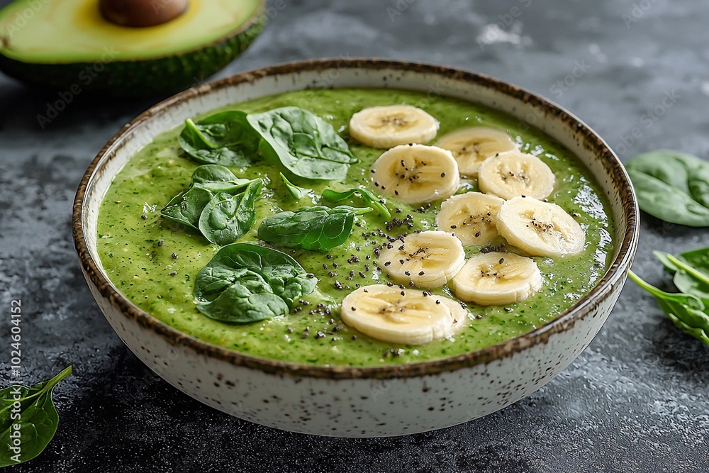Green smoothie bowl topped with banana slices and spinach leaves Green smoothie bowl topped with banana slices and spinach leaves