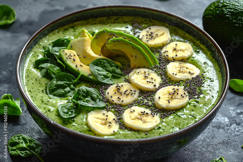 Delicious green smoothie bowl topped with avocado and banana slices