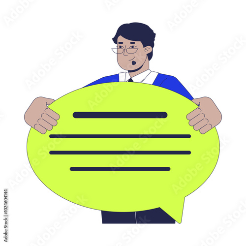 Professional communication skill 2D illustration concept. Business man holding speech bubble cartoon character isolated on white. Messaging digital conversation metaphor abstract flat vector graphic
