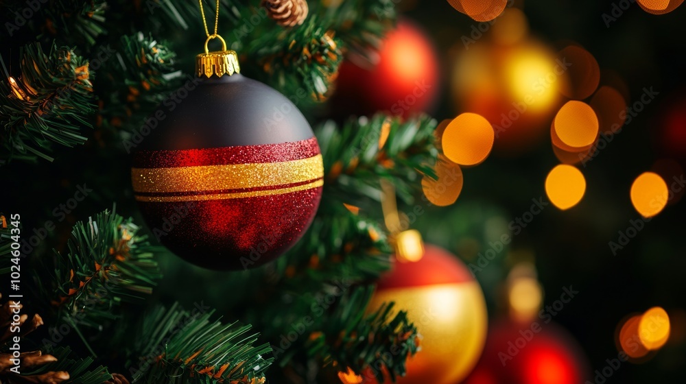 close-up of a christmas tree adorned with a red and yellow striped ornament, showcasing a blurred background with twinkling lights, creating a festive atmosphere in a dark setting close-up of a christmas tree adorned with a red and yellow striped ornament, showcasing a blurred background with twinkling lights, creating a festive atmosphere in a dark setting