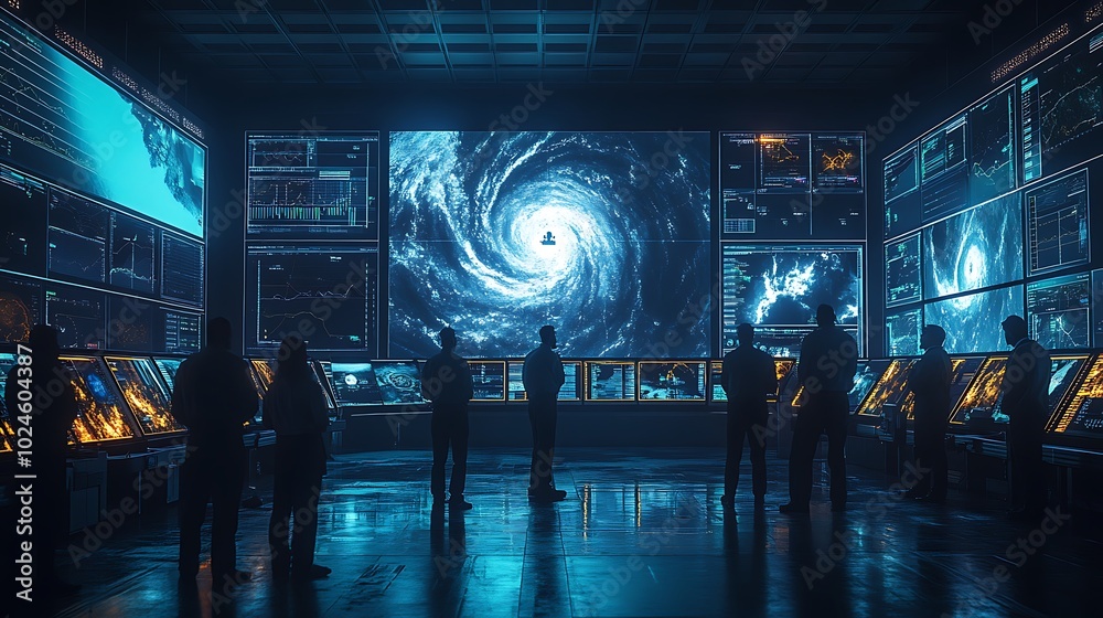 Naklejka premium Hydrometeorologists in a high-tech facility, evaluating satellite-based data of severe weather phenomena, interactive maps showing disaster impact predictions, dark room with vibrant lighting effects,