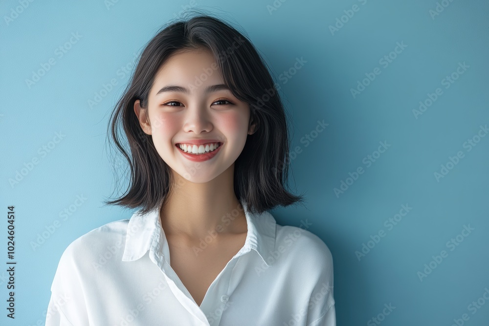 Beautiful Asian girl with long dark hair stands smiling warmly in front of a turquoise background. She is wearing a simple white shirt, exuding natural beauty and positivity. Beautiful Asian girl with long dark hair stands smiling warmly in front of a turquoise background. She is wearing a simple white shirt, exuding natural beauty and positivity.