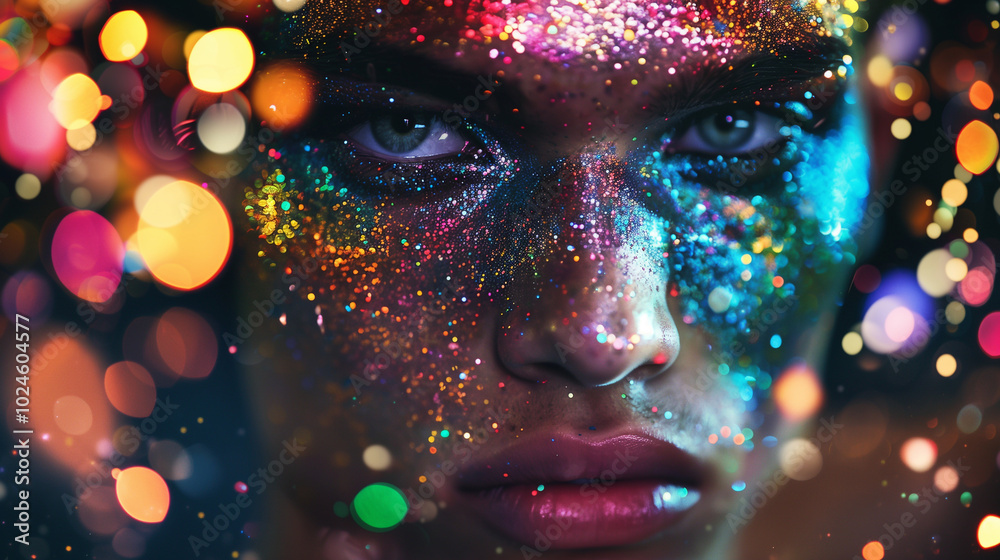 Close-up of a glitter-covered drag queen face with vibrant bokeh lights Close-up of a glitter-covered drag queen face with vibrant bokeh lights