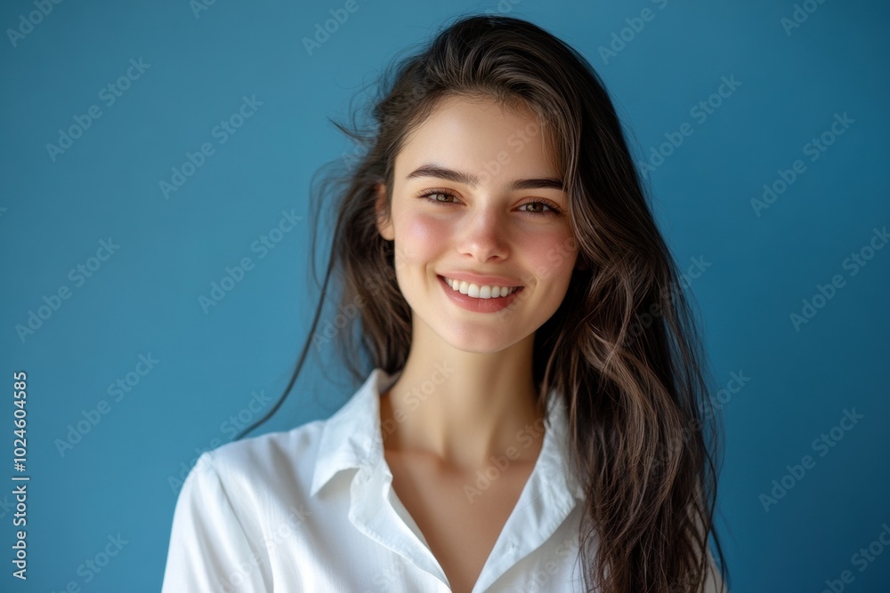 A Cute Caucasian woman with a radiant smile and white shirt stands confidently against a turquoise background, her charm and beauty shining through. A Cute Caucasian woman with a radiant smile and white shirt stands confidently against a turquoise background, her charm and beauty shining through.