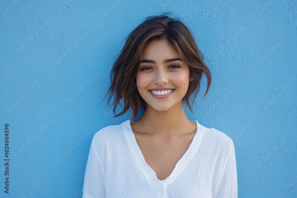 Smiling brightly, a Caucasian woman in a white shirt poses confidently against a turquoise backdrop, highlighting her charm and beauty. Smiling brightly, a Caucasian woman in a white shirt poses confidently against a turquoise backdrop, highlighting her charm and beauty.