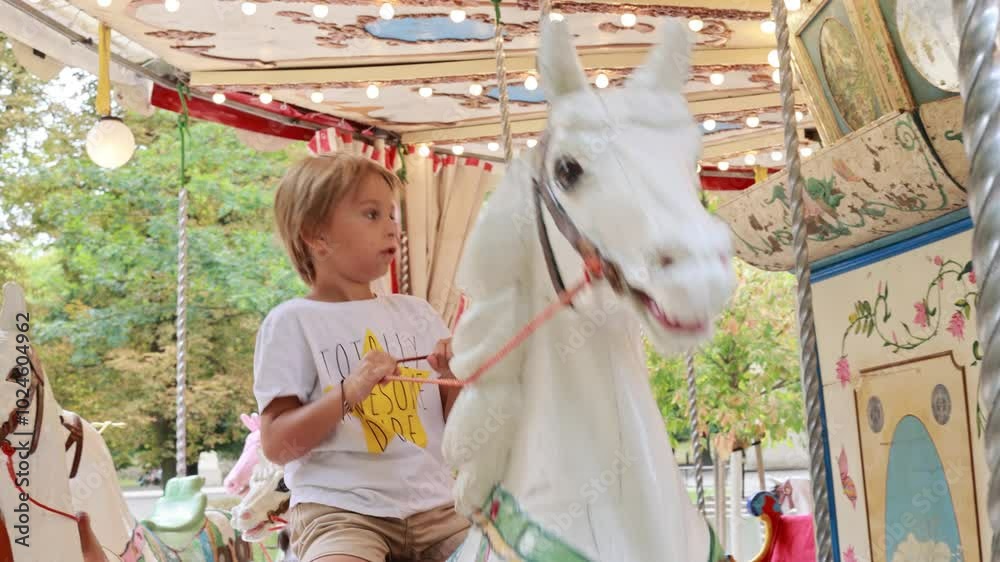 Child, going on Merry Go Round, kids play on carousel in the summer