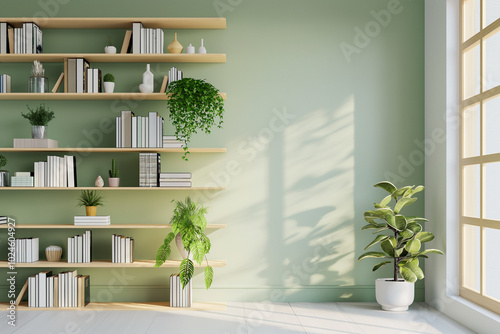 Office interior backdrop for online meetings. Light home office setting bookshelves background. Minimalist online workspace aesthetics. Video conferencing room design in pastel tones.