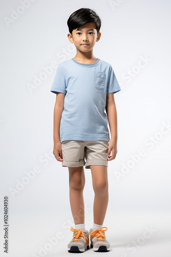 a smiling young boy standing in a studio, wearing a casual t-shirt and jeans on a white background