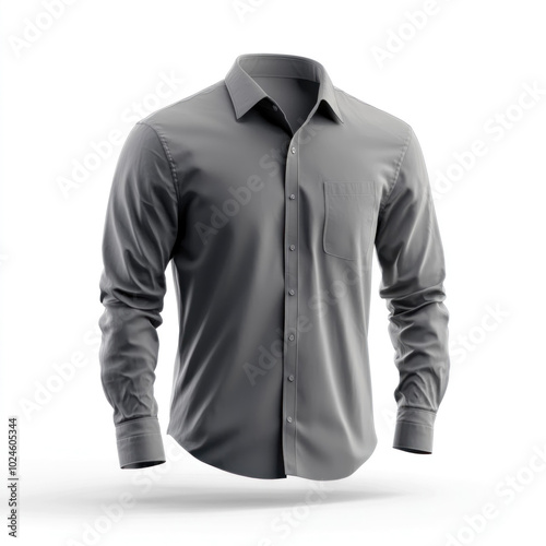 Grey shirt on white background, featuring a minimalist design with a small pocket on the left side.