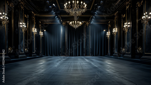 luxurious empty ballroom with chandeliers and dark curtains