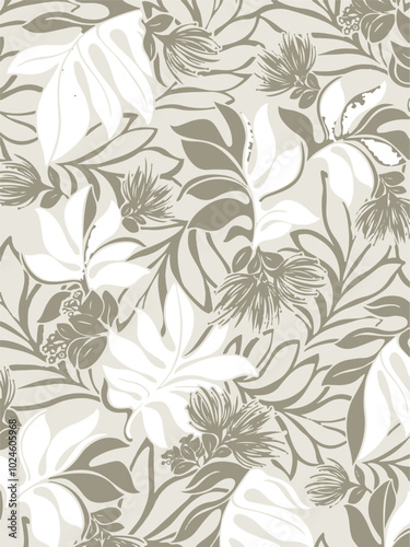 Big flowers pattern, upscale floral pattern. graphical textures floral, trendy colors pattern , flowers background with leaves. vector illustration,tropical,monochrome