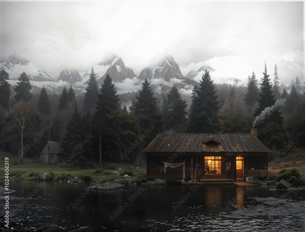 Cabin in the woods next to a lake.. Cabin in the woods next to a lake..