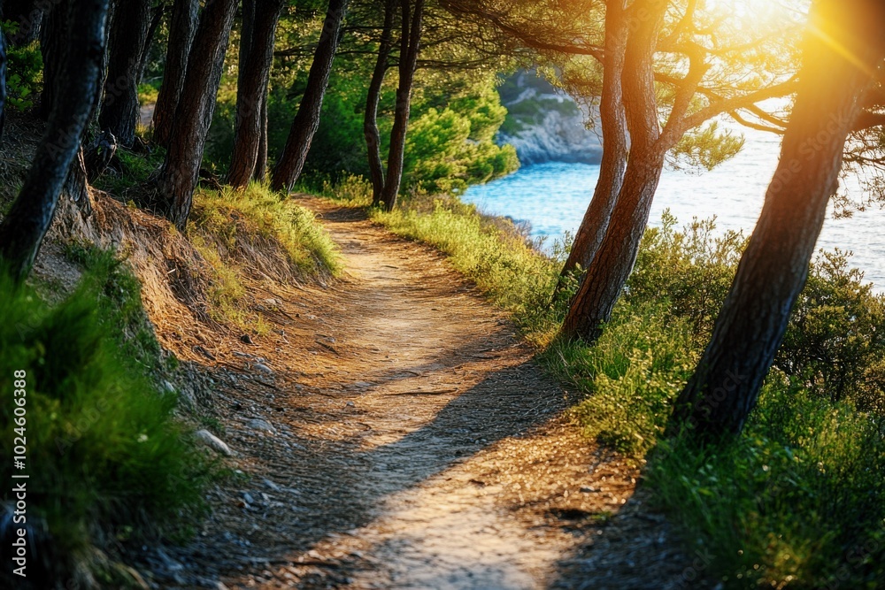 Sunlit forest path leading to the sea with coastal views