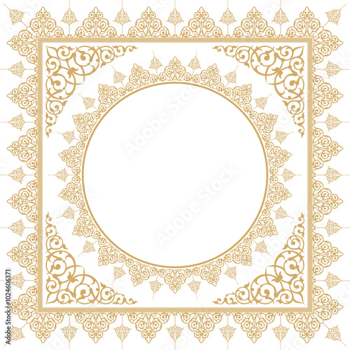 Vector illustration of gold ornamental design pattern on a square frame and round in the center, suitable for calligraphy frames, mosque decoration, used with text placement in the center.