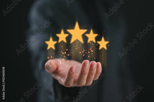 Customer Experience Concept, Best Excellent Services Rating for Satisfaction present by Hand of Client Showing excellent rating Five Star.