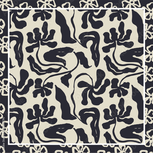 Monochrome black and white brush strokes inky flowers scarf or bandana design. Abstract floral contemporary background.