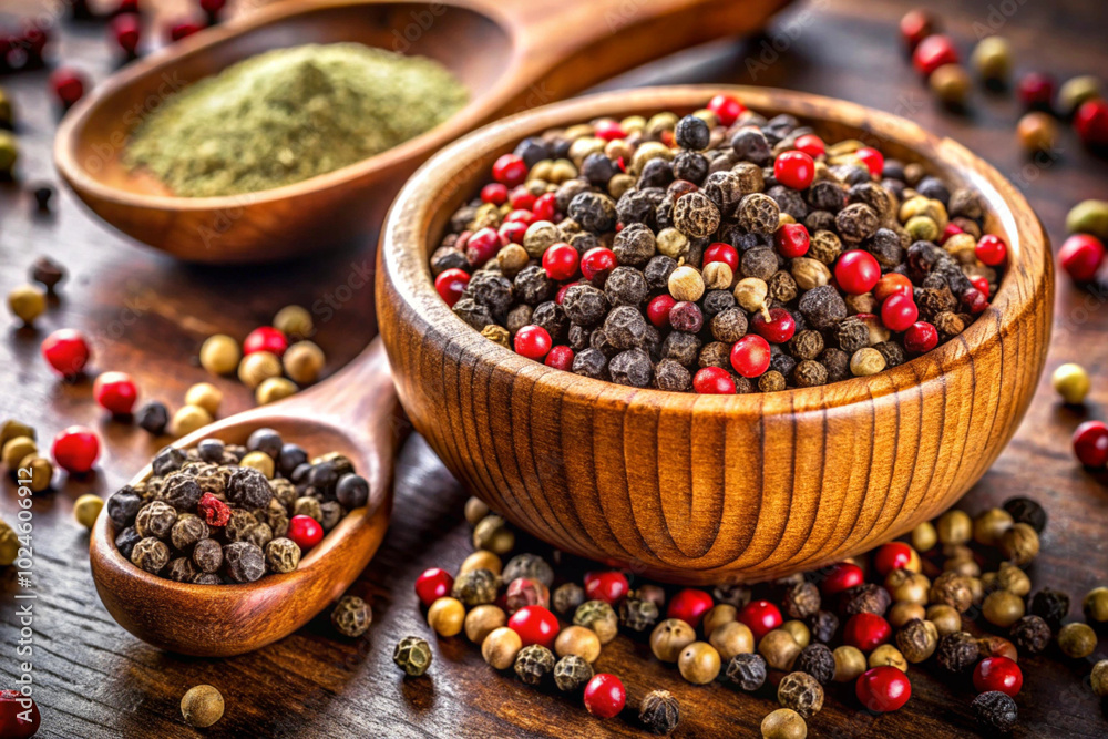 Ground peppercorns in a wooden bowl,isolated on natural background Ground peppercorns in a wooden bowl,isolated on natural background