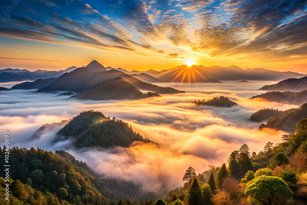 Naklejka premium Sunrise over a mountain range with mist in the val