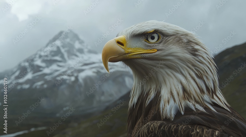 Obraz premium close-up of an eagle with snow-capped mountains in the background, cinematic bokeh effect highlighting the sharpness and majesty of the bird in a natural alpine environment