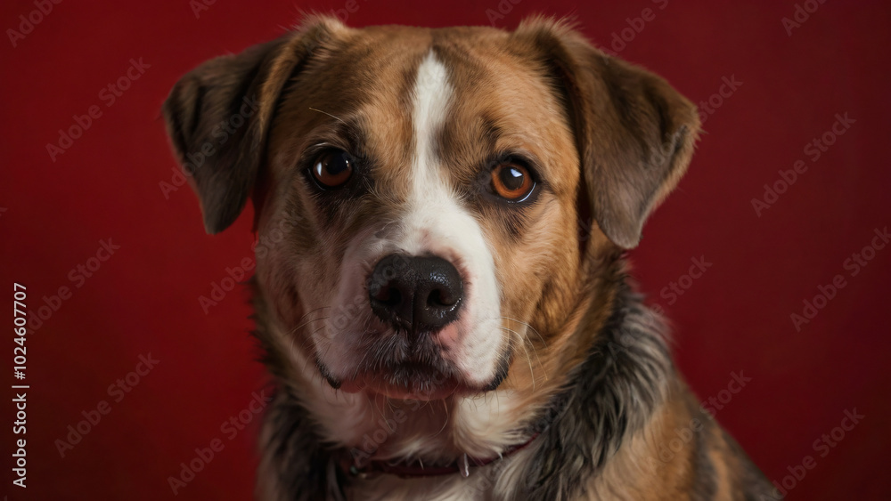 close up of a dog portrait isolated in a red background close up of a dog portrait isolated in a red background
