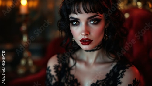 Alluring Gothic Vampire Woman in Red Room with Candles 