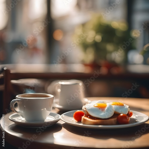 Warm Café Mornings: Breakfast of Poached Eggs and Flat White Coffee