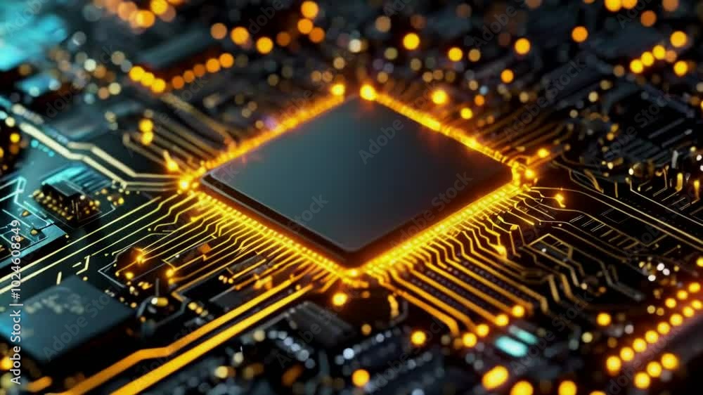 Glowing Microchip on Black Background Glowing Microchip on Black Background