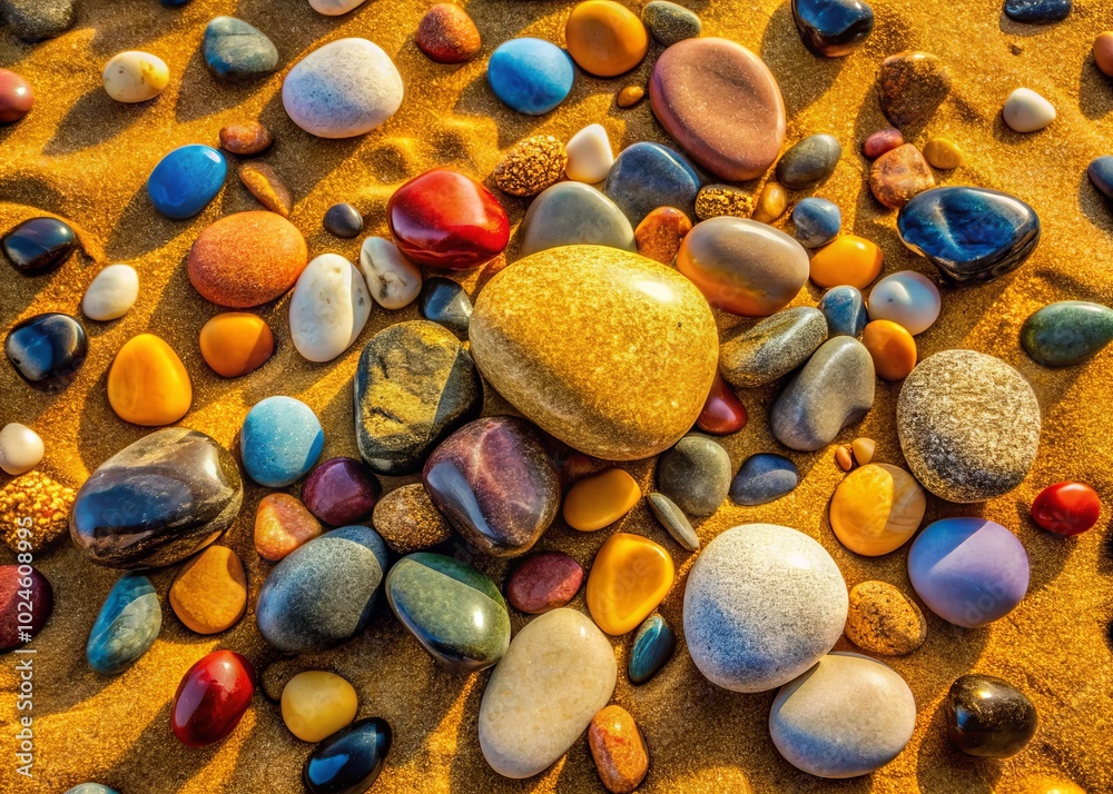 Surreal Arrangement of Sea Stones on Sand - Top View Photography for Nature Lovers