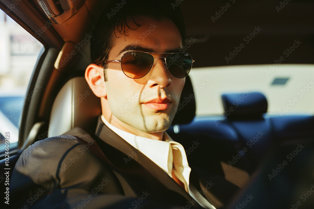 Ai generated retro photo of well-groomed luxurious rich man in car Ai generated retro photo of well-groomed luxurious rich man in car