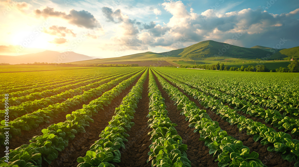 Beautiful Landscape of Green Fields with Rows of Crops Beautiful Landscape of Green Fields with Rows of Crops