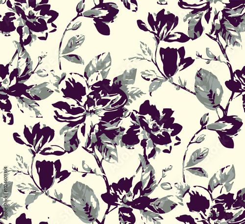 Big flowers pattern, upscale floral pattern. graphical textures floral, trendy colors pattern , flowers background with leaves. vector illustration,tropical,monochrome
