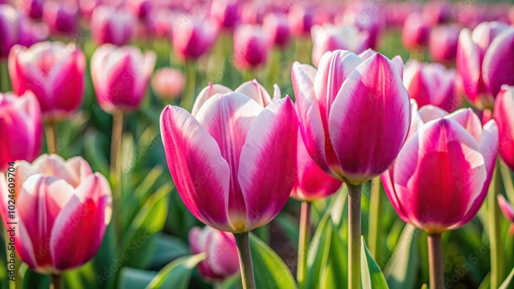 Silhouette pink white tulips flowering field